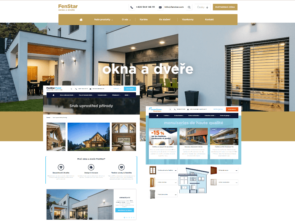 zobrazení hlavních stran webů fenstar.cz, fenstar-point.cz a premium-ouvertures.fr v jednom obrázku