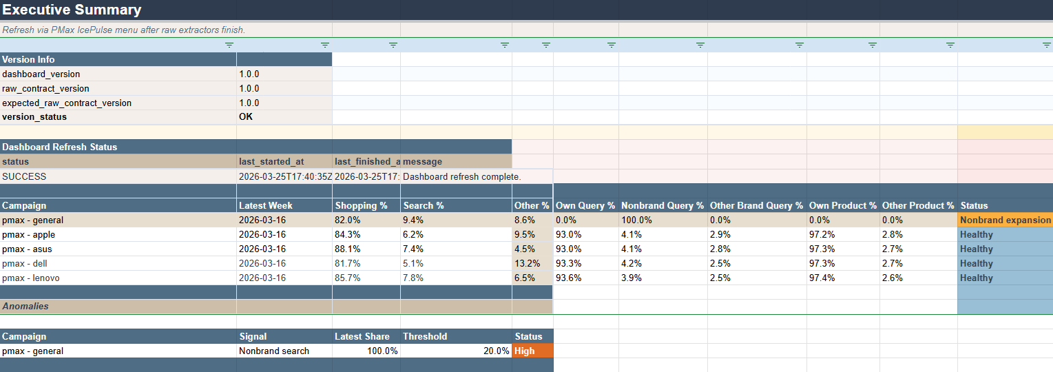 PMax IcePulse executive summary sheet