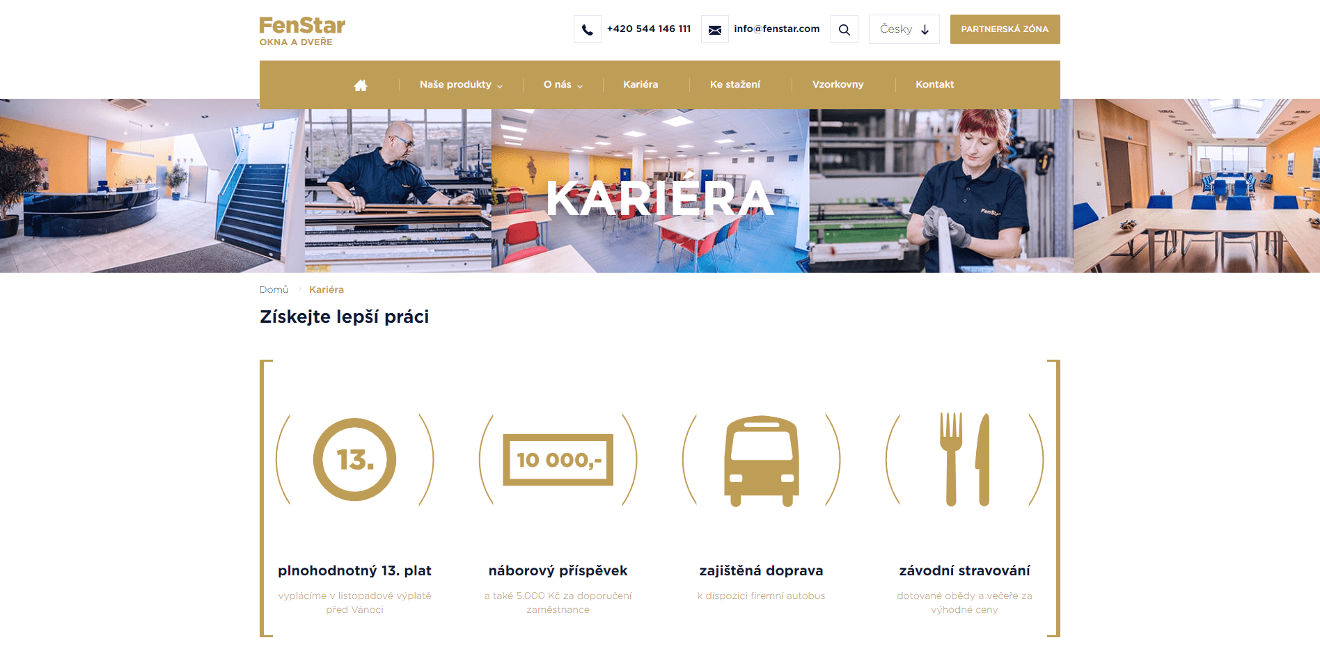 zobrazení kariérních stránek z webu fenstar.cz. Barevný banner složený z fotografií a pod ním výpis firemních benefitů.